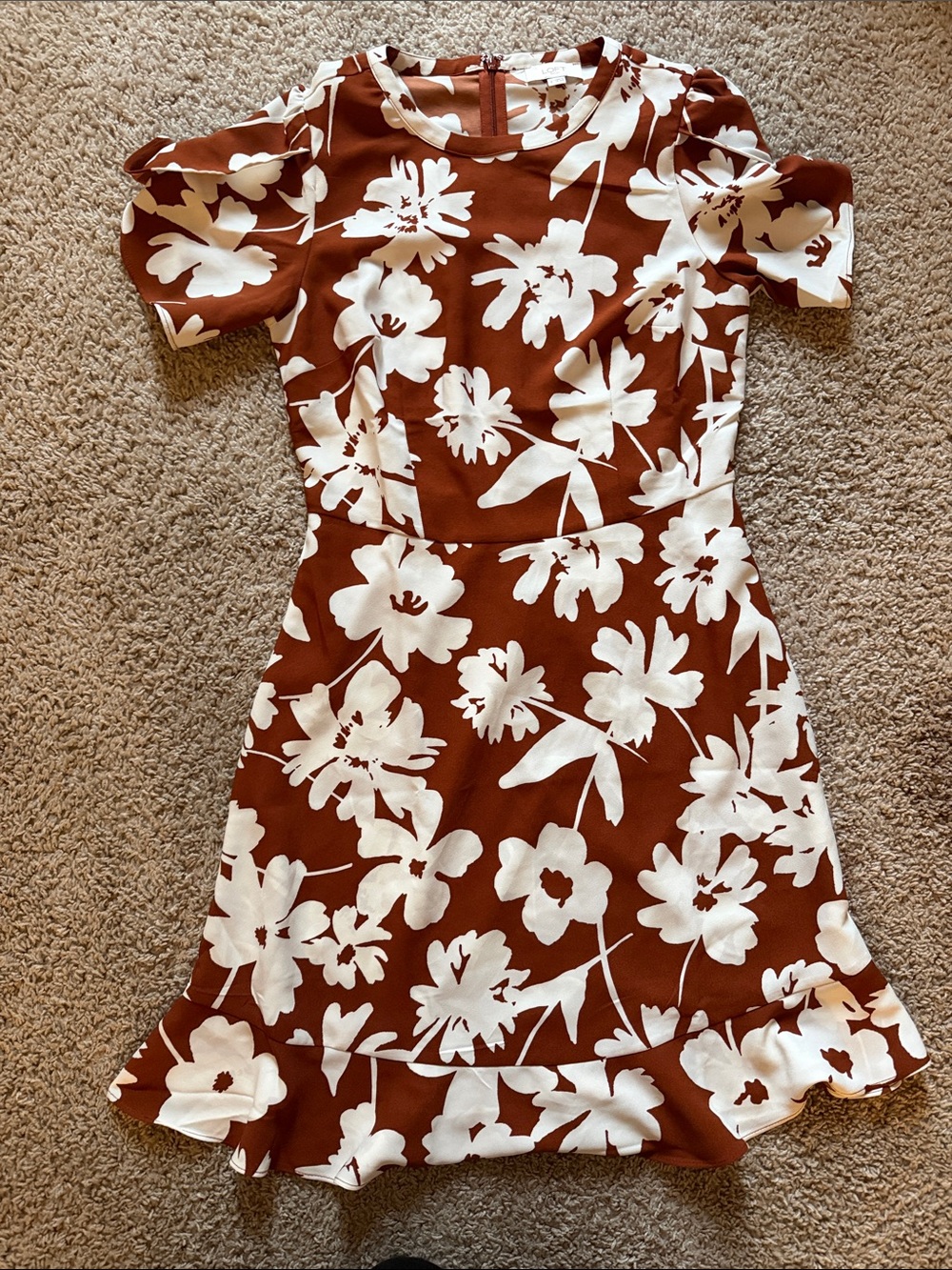 LOFT Brown and White Floral Ruffle-Hem Dress